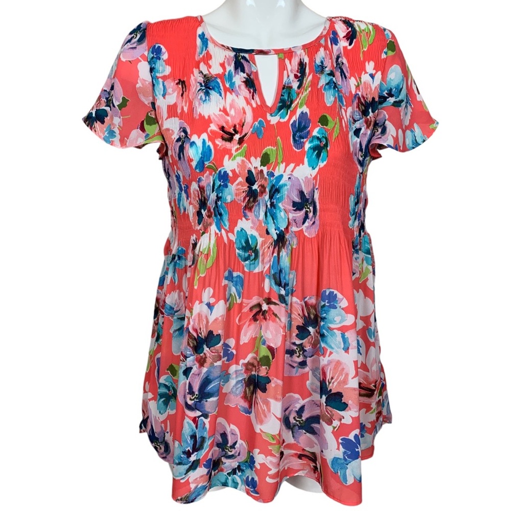 Spense Keyhole Neckline Floral Smocked Bodice Blouse Large